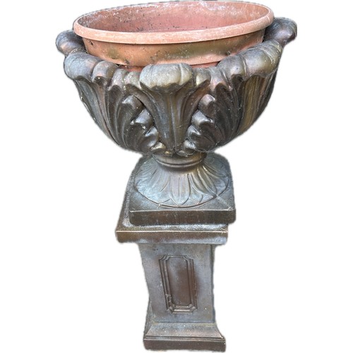 20 - Pair terracotta planters with plinths, overall height 40 inches, Diameter 20 inches a/f