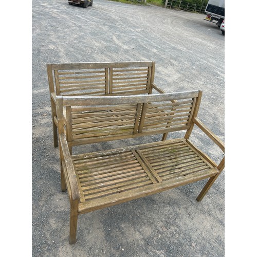 63 - Pair of two Stained garden benches and two matching chairs AF