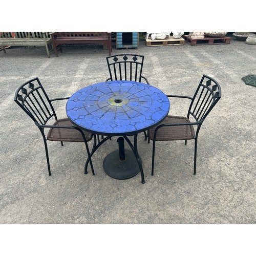 76 - Metal table and 3 chairs garden set, with parasol and parasol stand