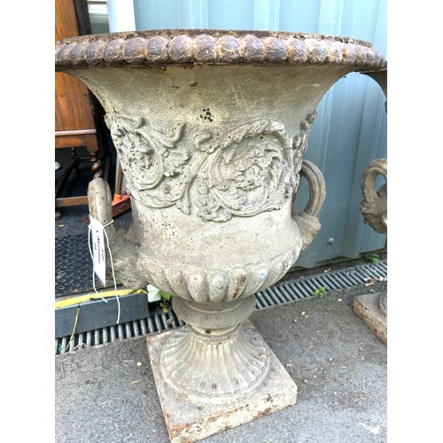 15 - Pair of early Victorian cast iron urns measures approx 31 inches tall and 22.5 deep