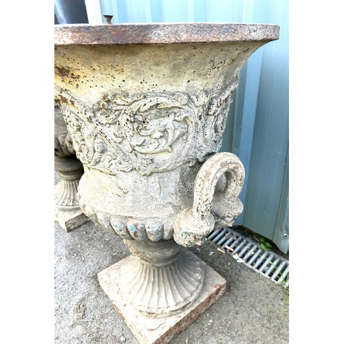 15 - Pair of early Victorian cast iron urns measures approx 31 inches tall and 22.5 deep