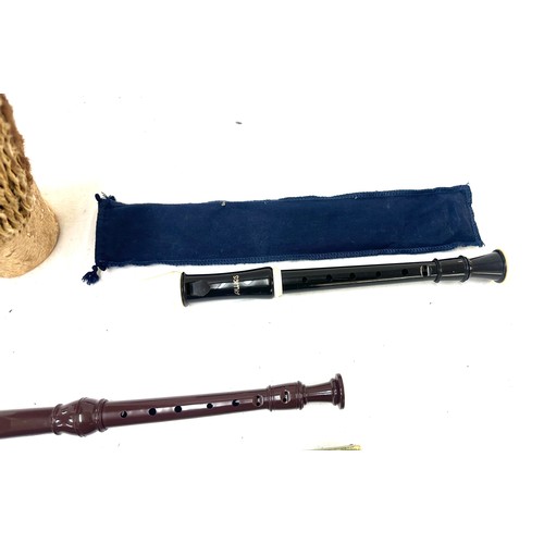 66 - Selection of musical instruments to include an African drum, Dolmetsch Recorder etc