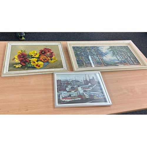 8 - Selection of framed paintings and prints to include a Lowri style print largest measures approx 27 i... 