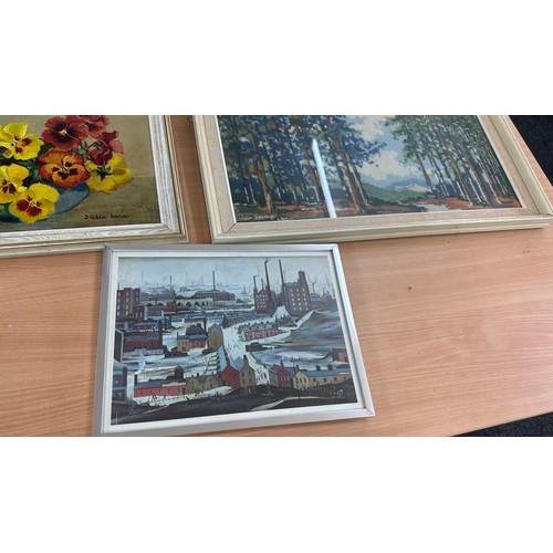 8 - Selection of framed paintings and prints to include a Lowri style print largest measures approx 27 i... 