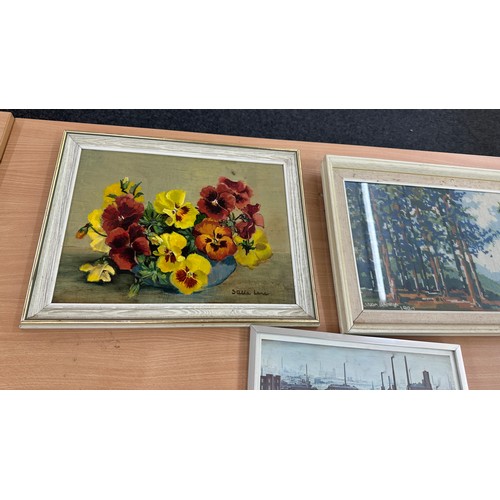 8 - Selection of framed paintings and prints to include a Lowri style print largest measures approx 27 i... 