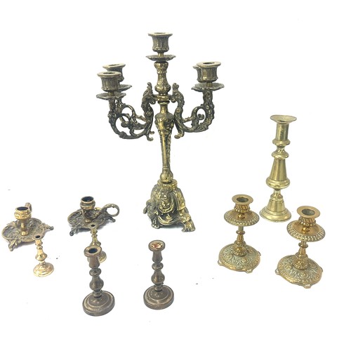 53 - Selection of vintage brass candle sticks tallest measures approx 14 inches tall