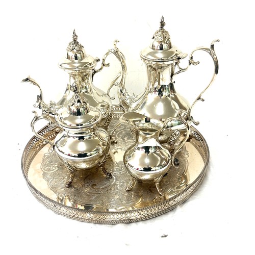 563 - Silver plated set with tea pot, coffee pot, milk jug, sugar bowl and tray