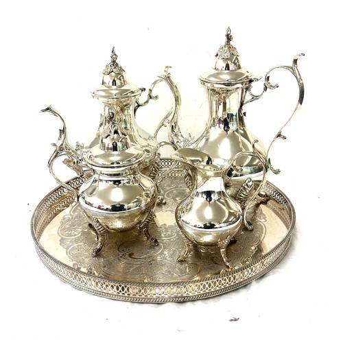 563 - Silver plated set with tea pot, coffee pot, milk jug, sugar bowl and tray