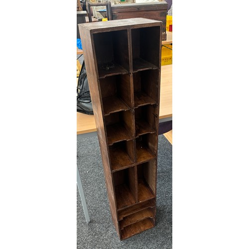 359 - Vintage oak pigeon hole storage unit measures approx 46 inches tall by 10 inches wide