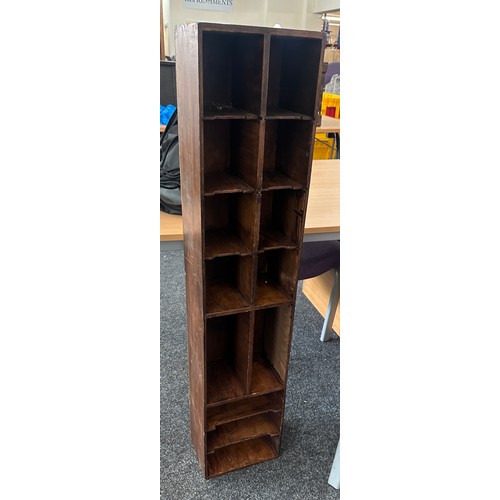 359 - Vintage oak pigeon hole storage unit measures approx 46 inches tall by 10 inches wide