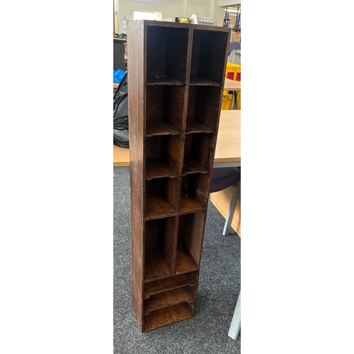 359 - Vintage oak pigeon hole storage unit measures approx 46 inches tall by 10 inches wide