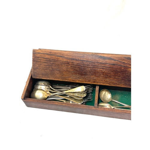 64 - Vintage wooden cutlery box and a selection of assorted cutlery