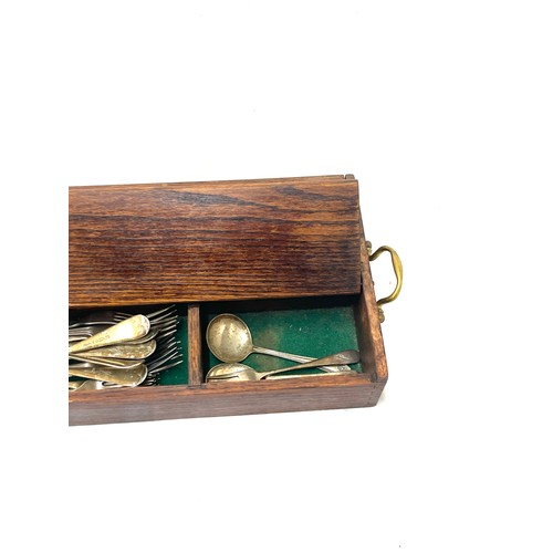 64 - Vintage wooden cutlery box and a selection of assorted cutlery