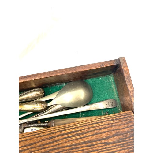 64 - Vintage wooden cutlery box and a selection of assorted cutlery