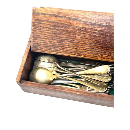 64 - Vintage wooden cutlery box and a selection of assorted cutlery