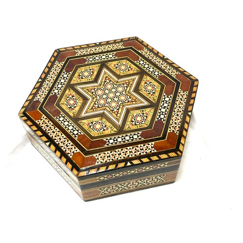 59 - Hexagonal inlaid box measures approximately 3 inches tall 9 inches depth 9 inches wide