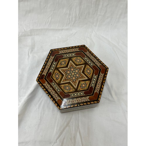 59 - Hexagonal inlaid box measures approximately 3 inches tall 9 inches depth 9 inches wide