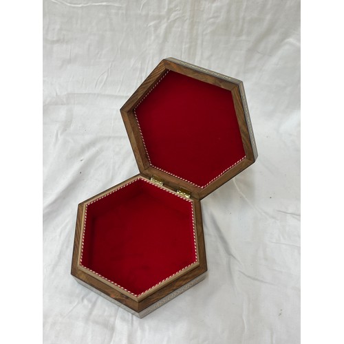 59 - Hexagonal inlaid box measures approximately 3 inches tall 9 inches depth 9 inches wide