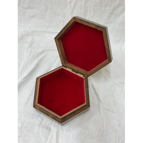 59 - Hexagonal inlaid box measures approximately 3 inches tall 9 inches depth 9 inches wide