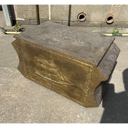 378 - Brass coal box and brass lamp tallest measures 59 inches tall