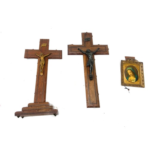 52 - 2 vintage wooden Crifix's, frames picture of our lady, tallest crufix measures 16 x 8 inches