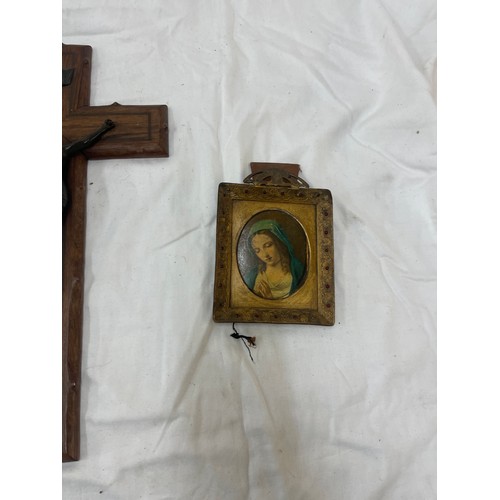 52 - 2 vintage wooden Crifix's, frames picture of our lady, tallest crufix measures 16 x 8 inches