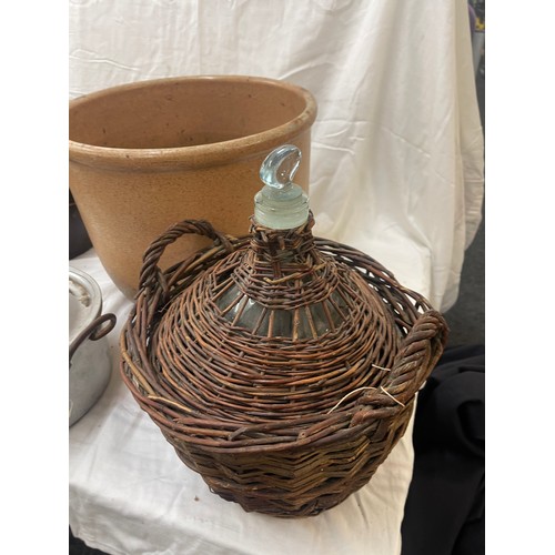 100B - 2 large pot planter, glass bottle in basket, wicker basket, lidded cooking pot