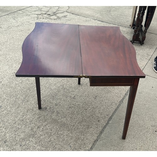 371 - Mahogany inlaid hall table with flip top and drawer measures approx 29 inches tall by 35 wide and 18... 