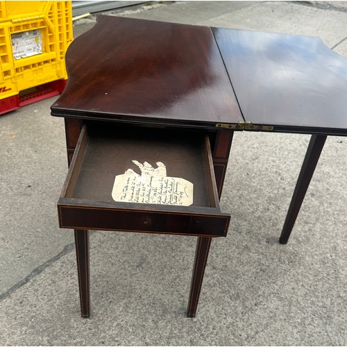 371 - Mahogany inlaid hall table with flip top and drawer measures approx 29 inches tall by 35 wide and 18... 