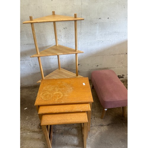 354 - Oak nest of tables, corner cabinet and foot stool