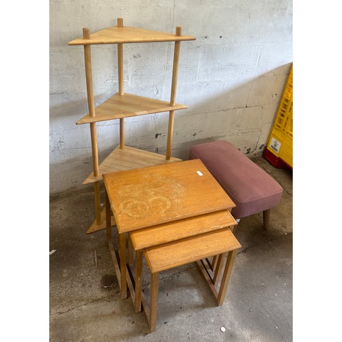 354 - Oak nest of tables, corner cabinet and foot stool