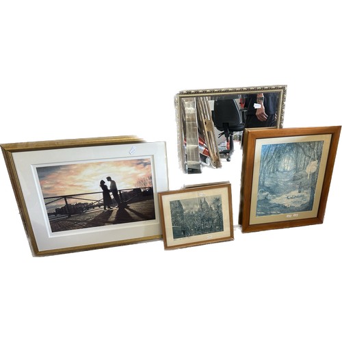 390 - Selection of framed pictures and a mirror largest measures approx 39 inches tall by 26 wide