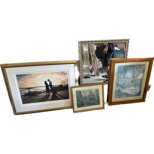 390 - Selection of framed pictures and a mirror largest measures approx 39 inches tall by 26 wide