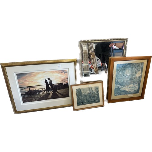 390 - Selection of framed pictures and a mirror largest measures approx 39 inches tall by 26 wide