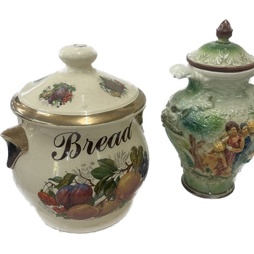 5 - Large china bread bin, fruit basket ornament, lidded pot jar majolica style with lady scene, approxi... 