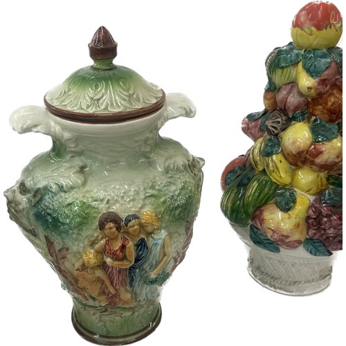 5 - Large china bread bin, fruit basket ornament, lidded pot jar majolica style with lady scene, approxi... 