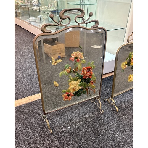 275 - 2 Brass mirrored, hand painted fire screen's largest measures approximately Height 31 inches, Width ... 