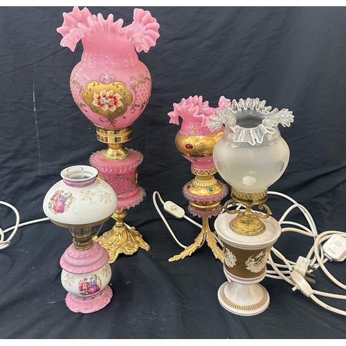 308 - Selection of 4 converted vintage oil lamps, each with decorative shades, 2 hand painted detailing, t... 