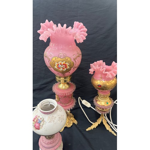 308 - Selection of 4 converted vintage oil lamps, each with decorative shades, 2 hand painted detailing, t... 