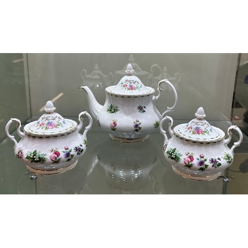 298 - Royal Albert Flower Of The Month Teapot, 2  Sugar lidded jats, all of second quality, all in good ov... 