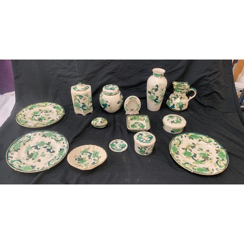 70 - Selection of Masons Chartreuse pottery includes Ginger jar, jugs, plates etc