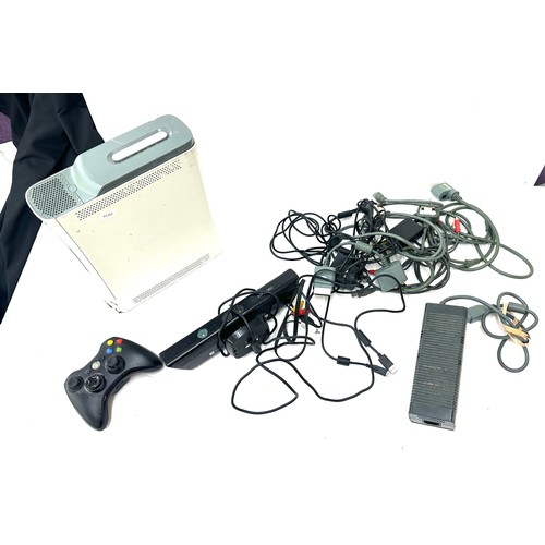 104 - XBOX 360 gaming console with control, leads, adapters, one jammed re set button and no power lead.