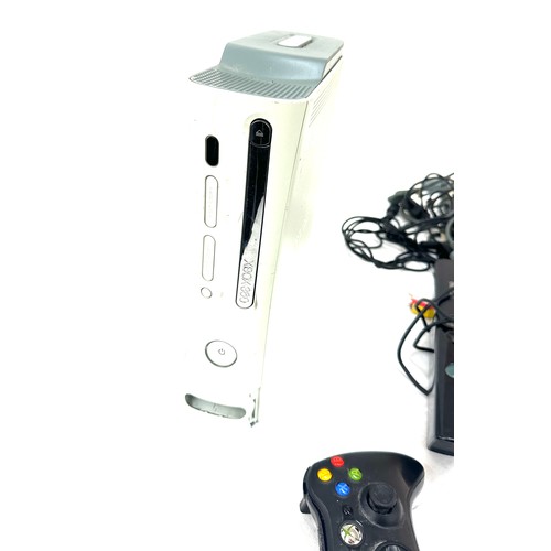 104 - XBOX 360 gaming console with control, leads, adapters, one jammed re set button and no power lead.