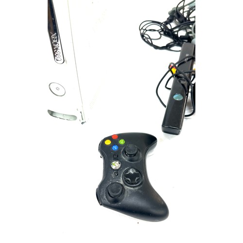 104 - XBOX 360 gaming console with control, leads, adapters, one jammed re set button and no power lead.