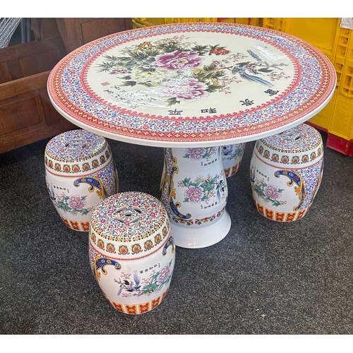 361 - Chinese porcelain table and four matching stools - table height 71 cm x 93 cm