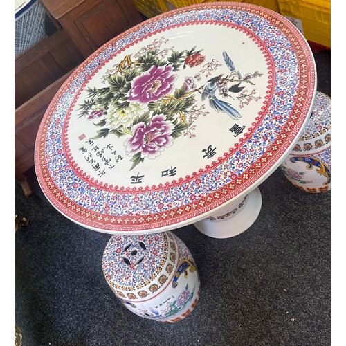 361 - Chinese porcelain table and four matching stools - table height 71 cm x 93 cm