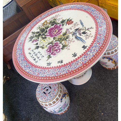 361 - Chinese porcelain table and four matching stools - table height 71 cm x 93 cm