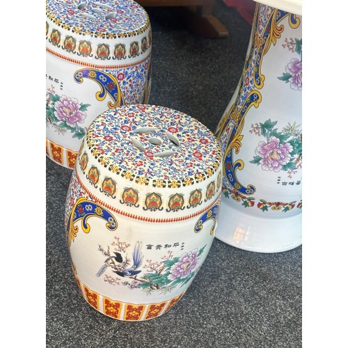 361 - Chinese porcelain table and four matching stools - table height 71 cm x 93 cm