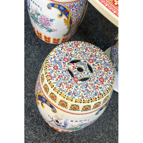 361 - Chinese porcelain table and four matching stools - table height 71 cm x 93 cm