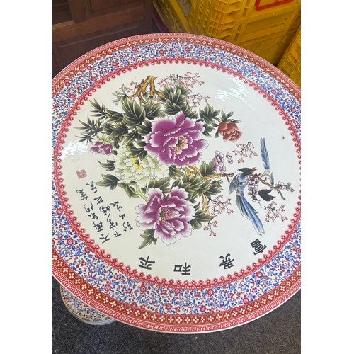 361 - Chinese porcelain table and four matching stools - table height 71 cm x 93 cm